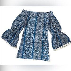 Analili Vintage Geo Blouse Blue White S Off Shoulder Boho Coquette Party Elegant